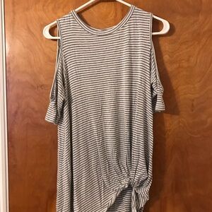 Striped Cold-Shoulder Tie Front Women’s Top - Gray/White